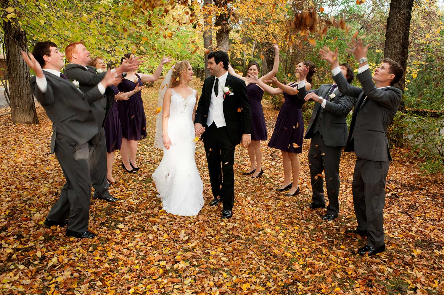 Professional Wedding Picture of Bride and Groom in Fall Scene